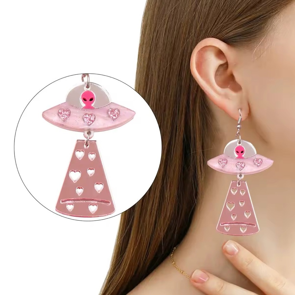 Valentines Day UFO Space Ship Earrings Flying Saucer UAP Beam Me Up Love Womens